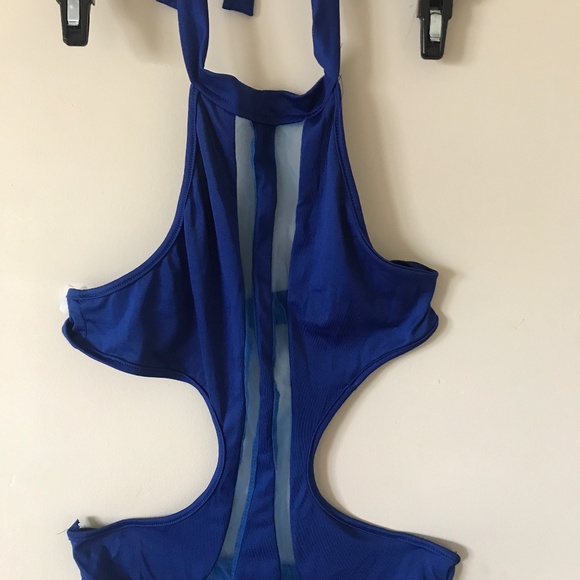 NWOT Blue Cut Out Halter Neckline Swimsuit w/Sheer inserts. Small - Picture 2 of 7